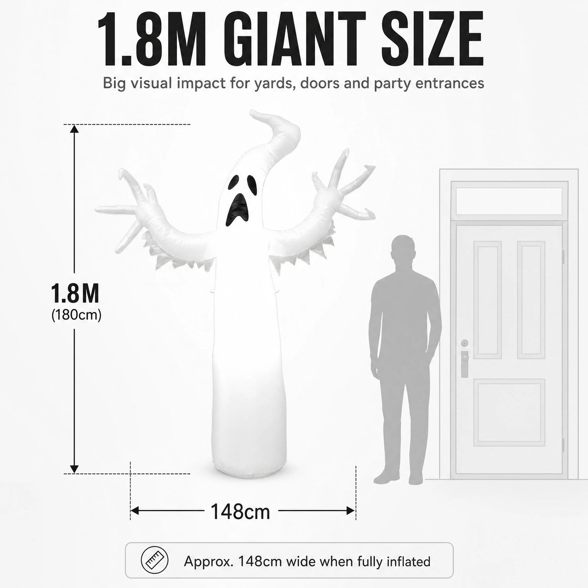 Large Inflatable Halloween Ghost Decor, Standing Ghost Yard Decoration, PVC Outdoor Lawn Garden Halloween Party Display Prop