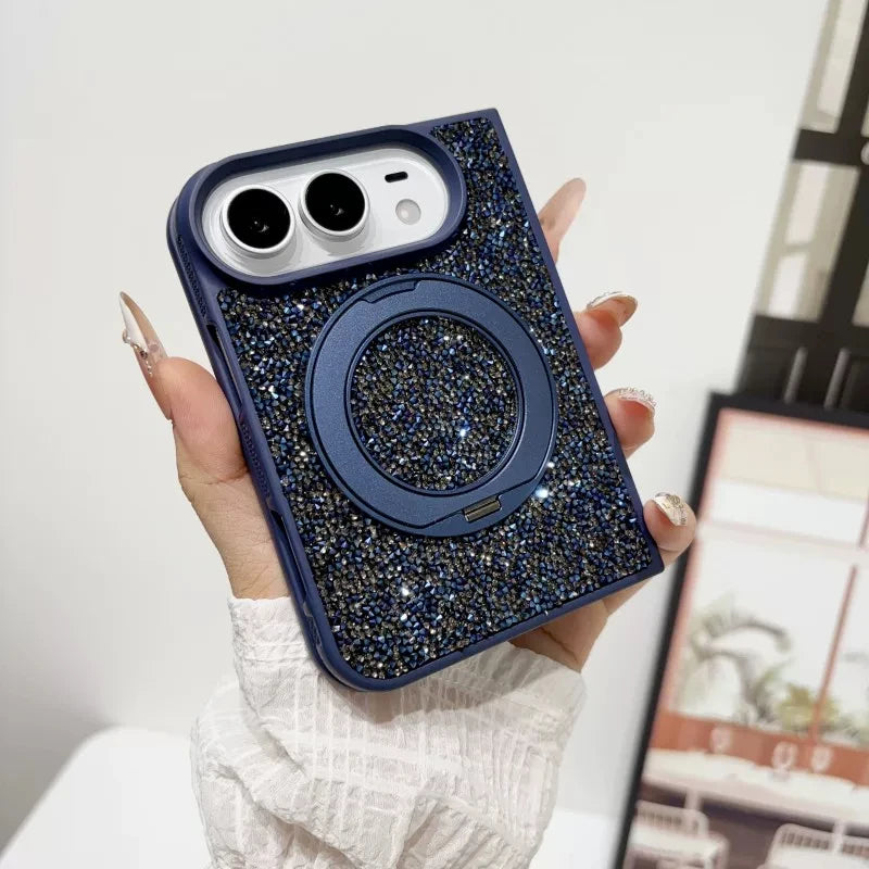 For iPhone Duo New Luxury Shell Flash Diamond 360° Rotating stand Phone Case For Magsafe Magnetic Wireless Charging Girl Cover