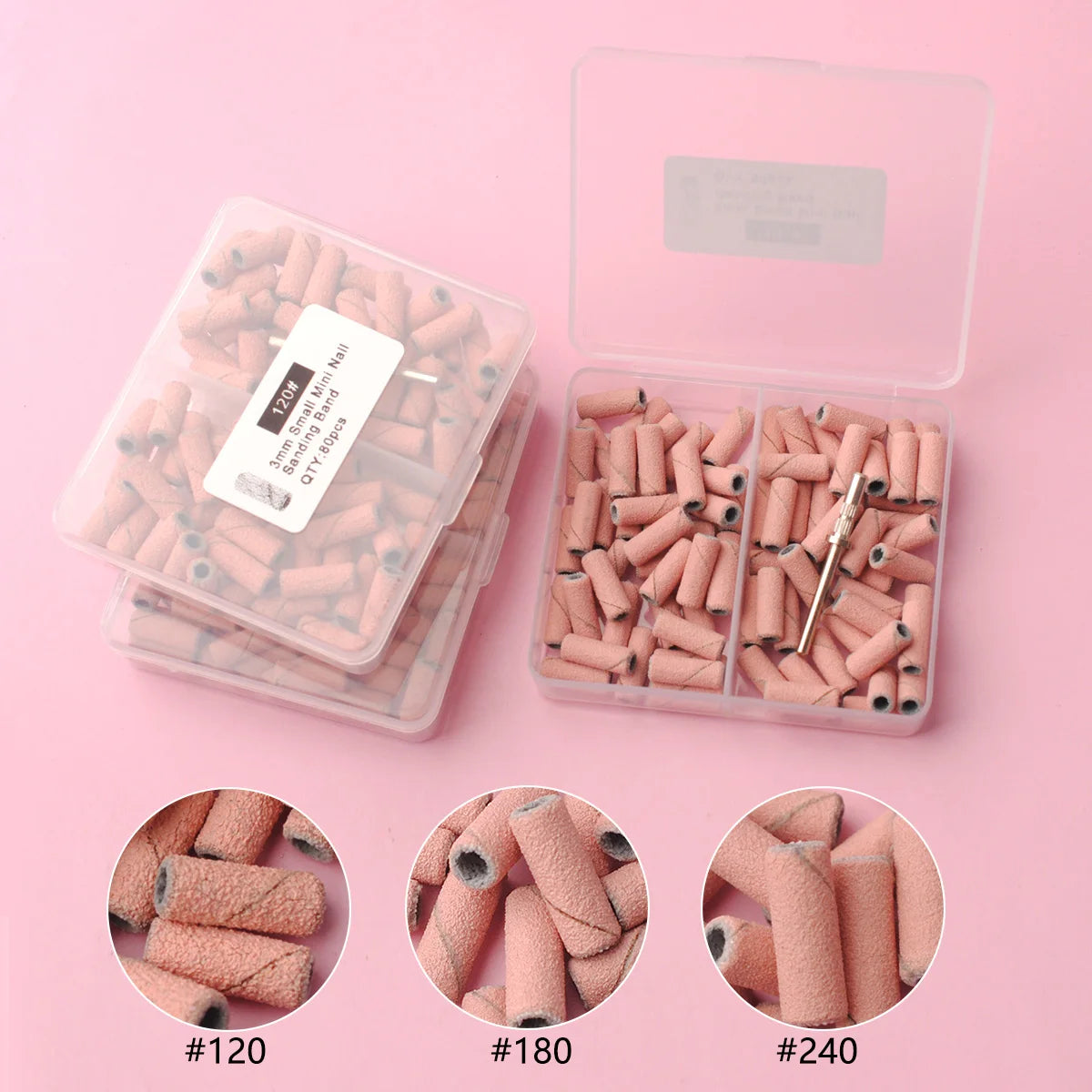 80pcs/box Pink 3.1mm Mini Sanding Bands Kits Nail Drill Bits Mandrel Sets Electric Manicure Accessories Tool Dead Skin Remover
