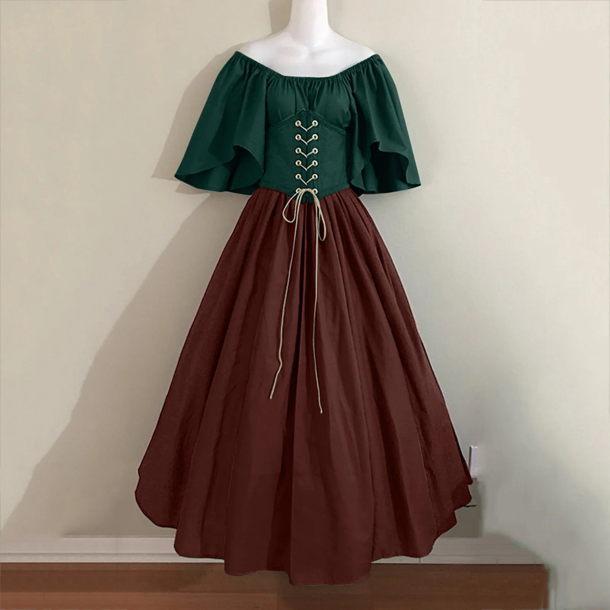 Women Patchwork Medieval Renaissance Dress Halloween Gothic off Shoulder Retro Long Dress