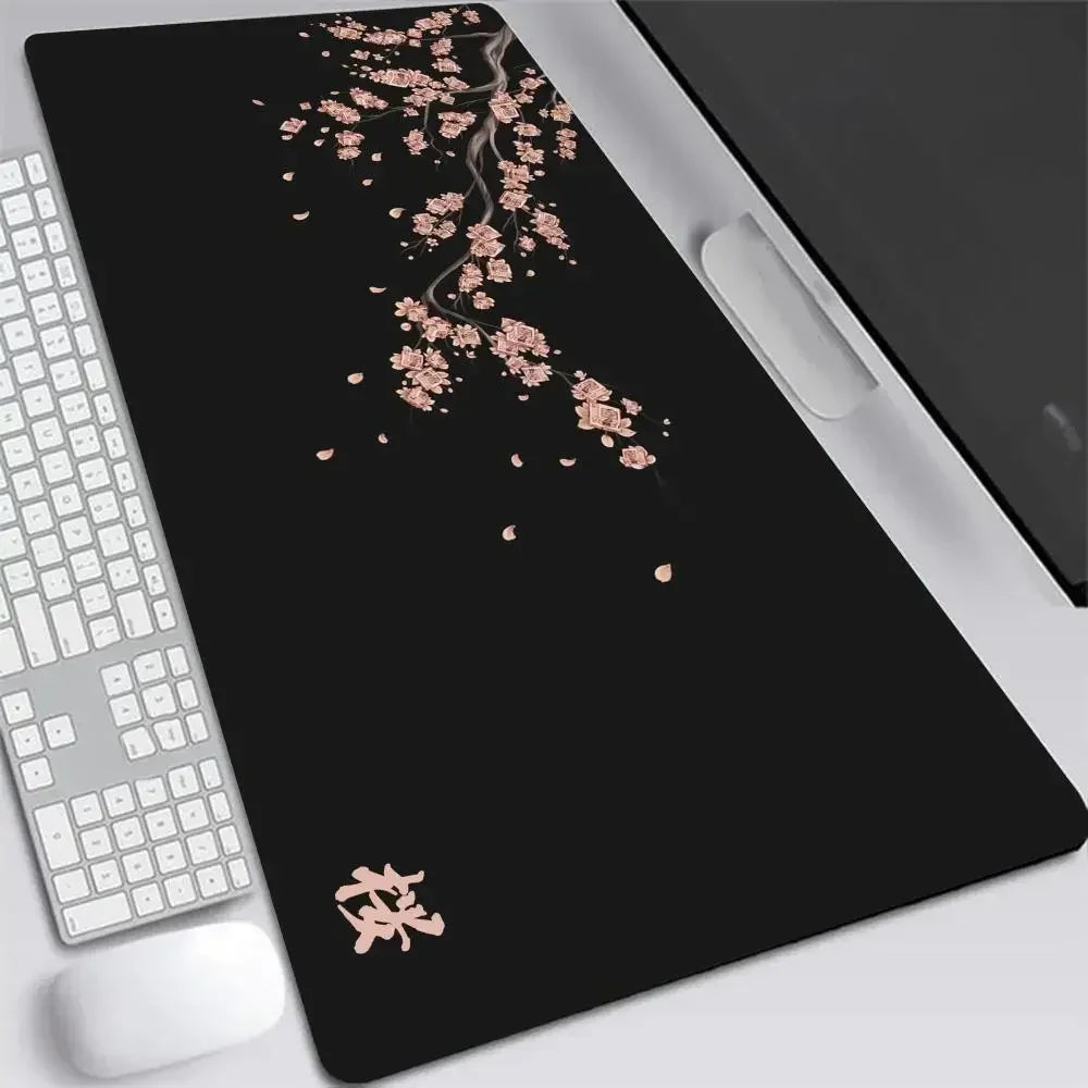 Alfombrilla de ratón XXL japonesa de flor de cerezo, gris, para laptops, escritorio de juego, sakura, anime, alfombra de oficina, gamer, teclados, computadoras y escritorios