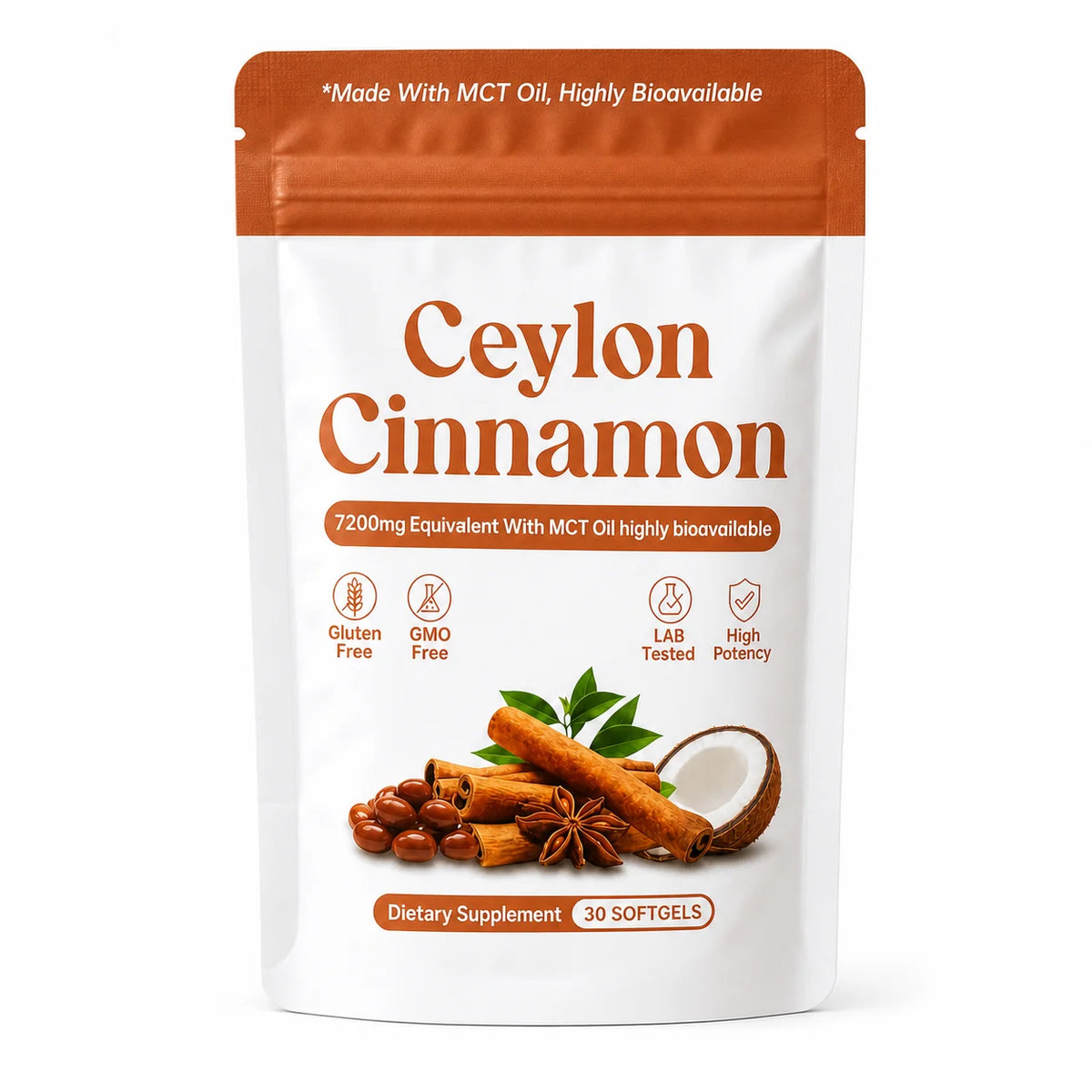Ceylon Cinnamon Softgels 7200mg Equivalent,12:1 Concentrated Extract with MCT Oil,High Bioavailability, Daily Balance Support