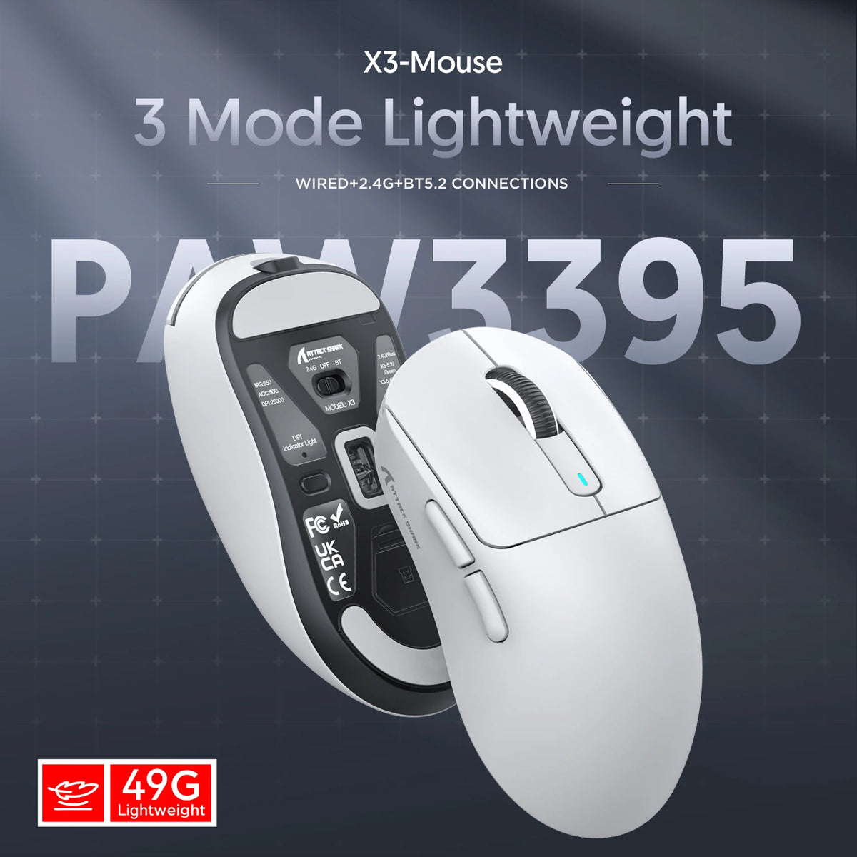 ATTACK SHARK X3 Tri-mode Gaming Mouse, PixArt PAW3395 Sensor, 26K DPI, 49g Ultralight, BT/2.4G Wireless/Wired,for PC Gamer