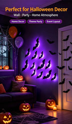 Halloween LED Night Light Self-adhesive 3D Stereoscopic Bat Wall Decal Indoor Bats Decor Lamp Flashing Wall Light Party Supplies