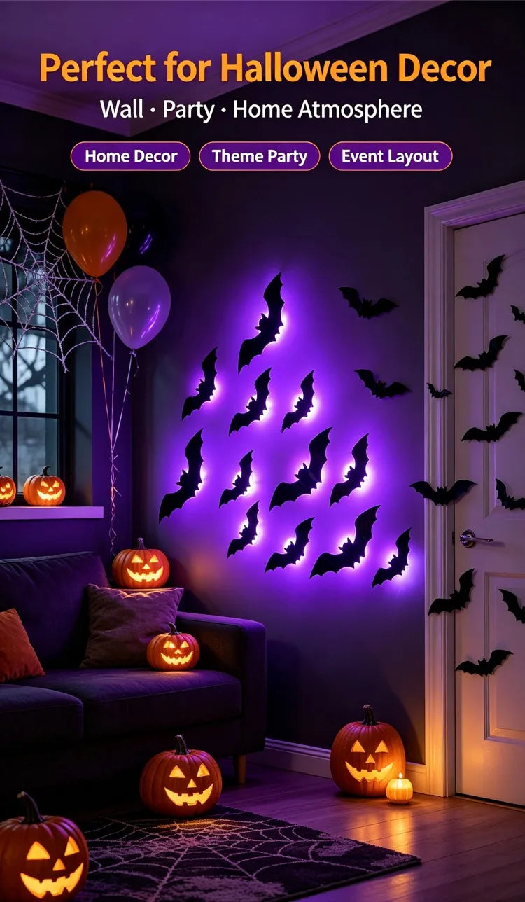 Halloween LED Night Light Self-adhesive 3D Stereoscopic Bat Wall Decal Indoor Bats Decor Lamp Flashing Wall Light Party Supplies