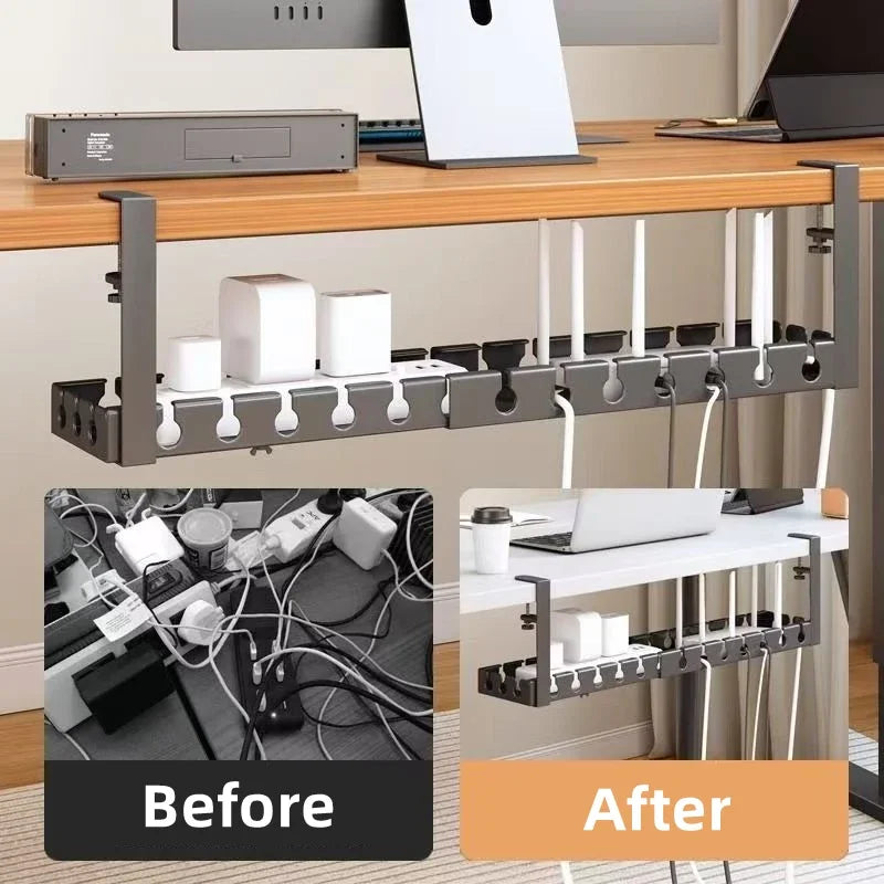 Retractable No Drill Clamp On Under Desk Cable Tray Metal Power Strip Wire Organizer Router Cord Storage Holder