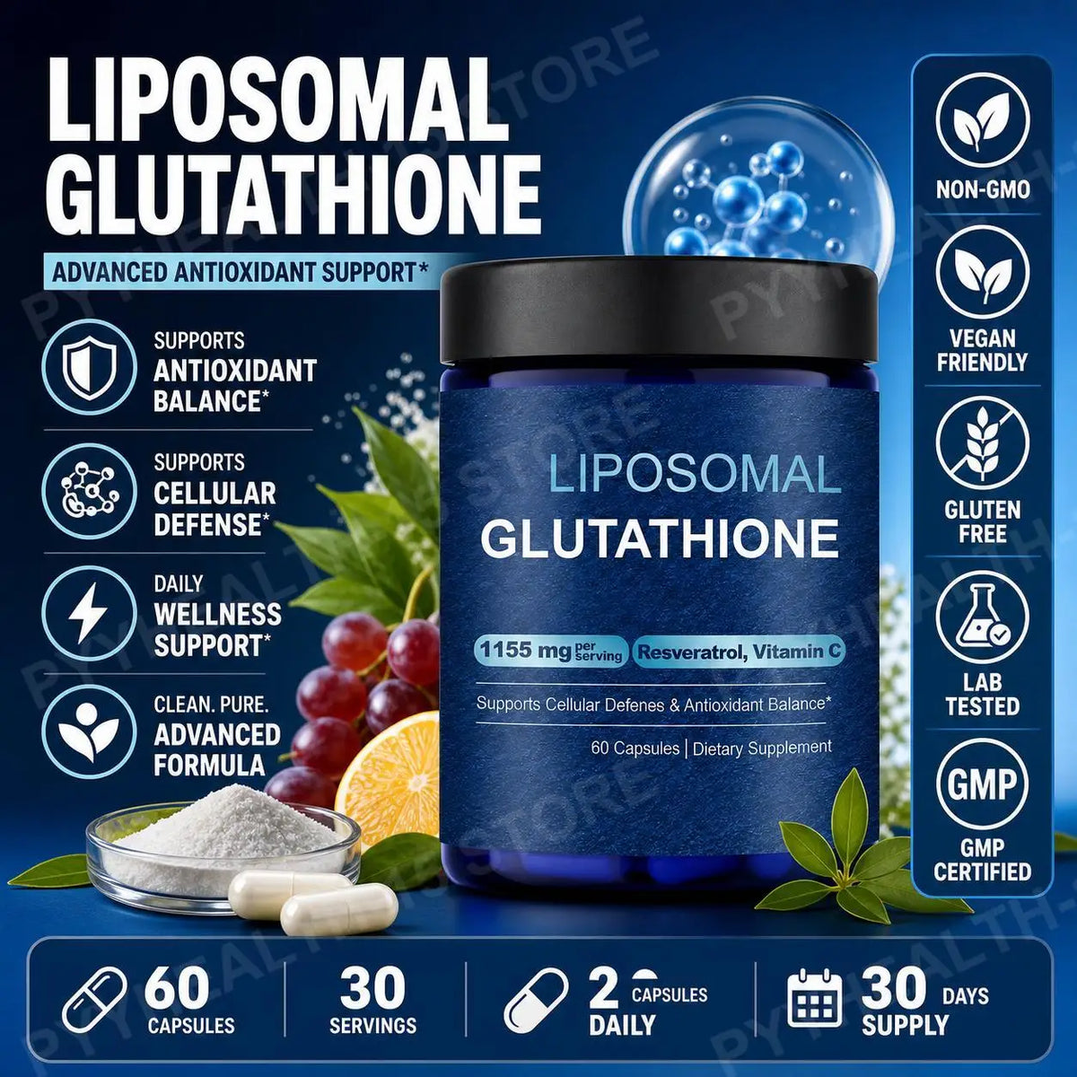 Liposomal Glutathione Capsules with Resveratrol and Vitamin C for Antioxidant Balance and Cellular Defense Support, 60 Capsules