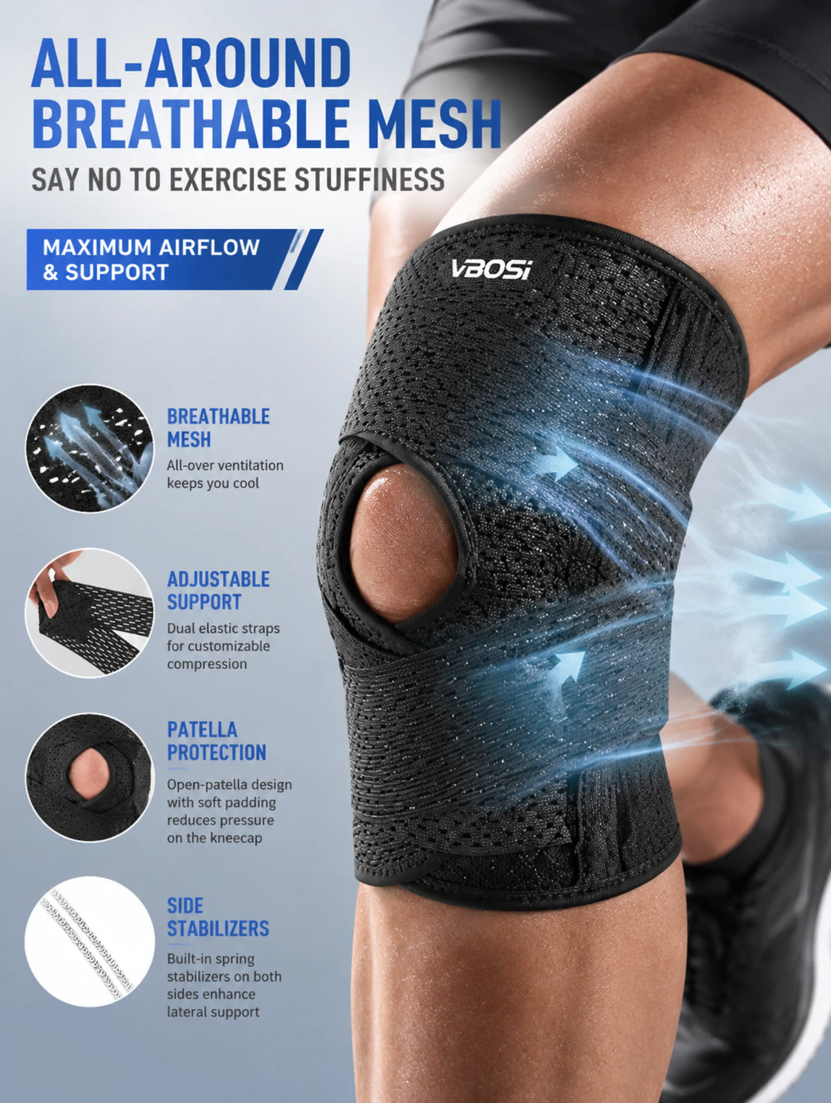 VBOSI Compression Knee Pad For Relieve Meniscal Tear Knee Pain Arthritis Joint Pain Relief Breathable Knee Support