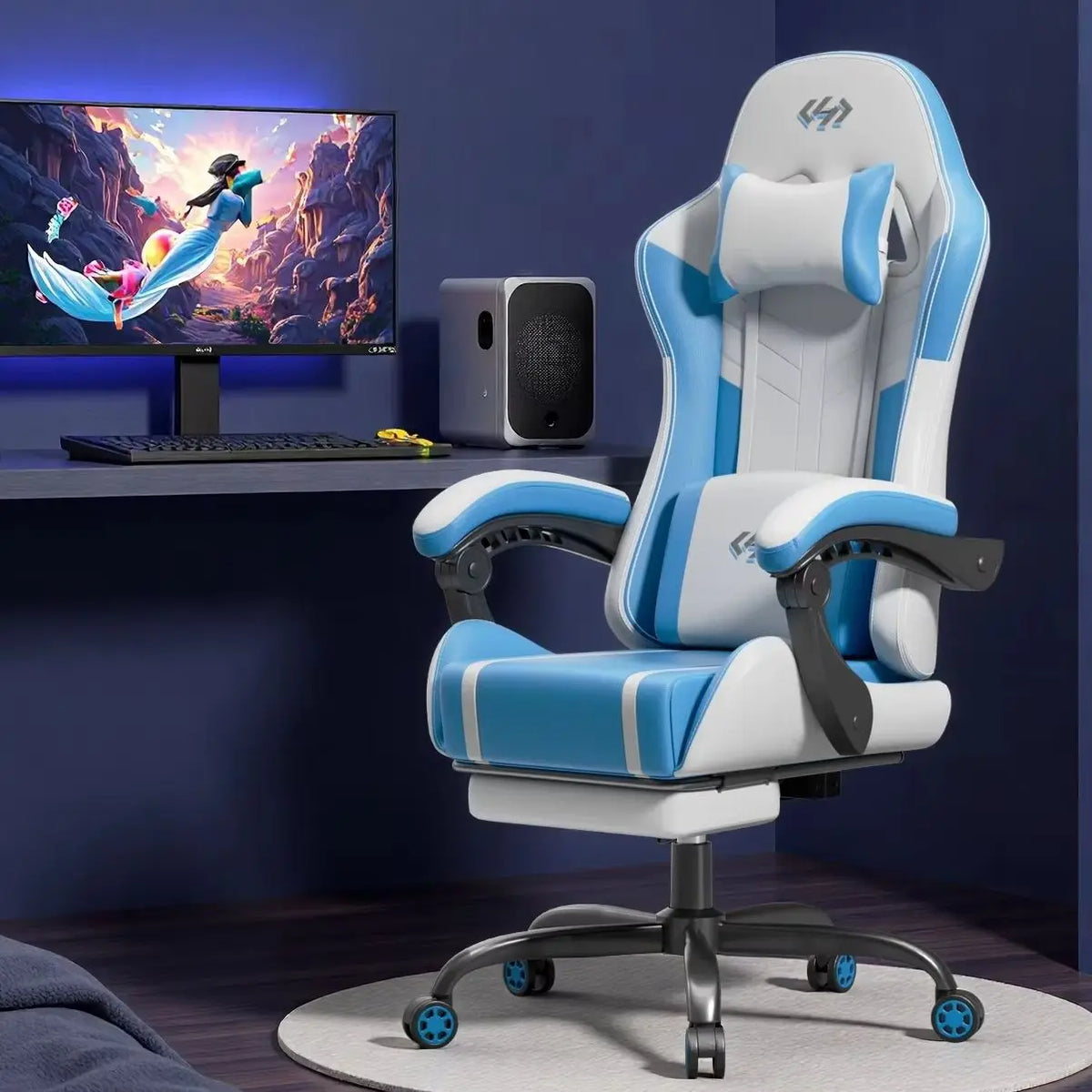 NEBMAAX Ergonomic Gaming Chair with Footrest Massage Function PU Leather Office Chair for Adults Swivel Computer Chair with Headrest And Lumbar Support