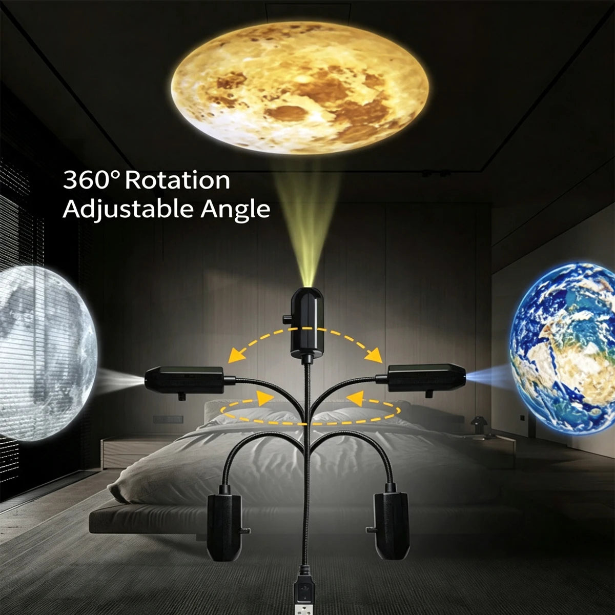 USB Starry Sky Projector Lamp 360° Rotatable Flexible Hose Planet Galaxy Projection Light with 17/12 Pcs Film Slides Bedroom