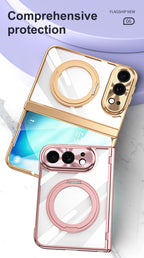 For iPhone Duo Transparent Magnetic Case For MagSafe 360° Rotating Bracket Hinge Protection Cover With Tempered Glass Film