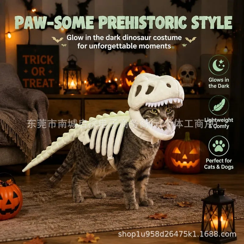 Halloween Dinosaur Skeleton Pet Hooded Costume Cute Cat Puppy Cosplay Outfit Funny Party Dress Up Clothes Small Animal Holiday