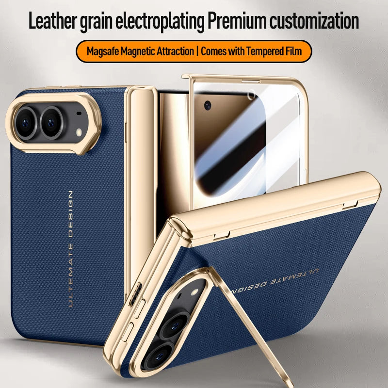 For iPhone Duo Case Electroplated Matte Leather Folding Hinge With Tempered Film Lens Bracket Shockproof Back Cover Accessories
