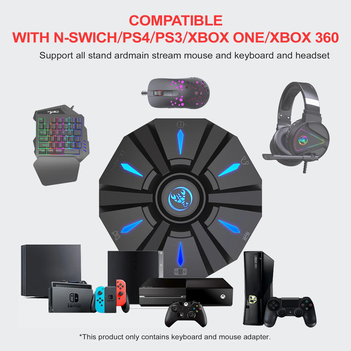RGB Backlit Gaming Keyboard And Mouse Combo One-Handed Keypad with 3200 DPI Mouse Game Converter for PS4 Xbox Nintendo Switch