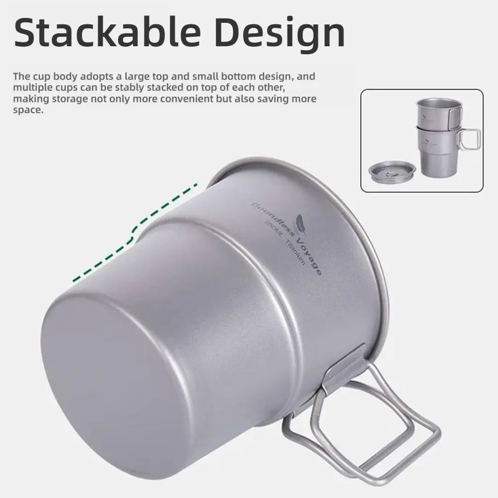 Pure Titanium Camping Cup with Lid Foldable Handle Lightweight Single Wall Mug Open Fire Coffee Tea Cup for Hiking Backpacking