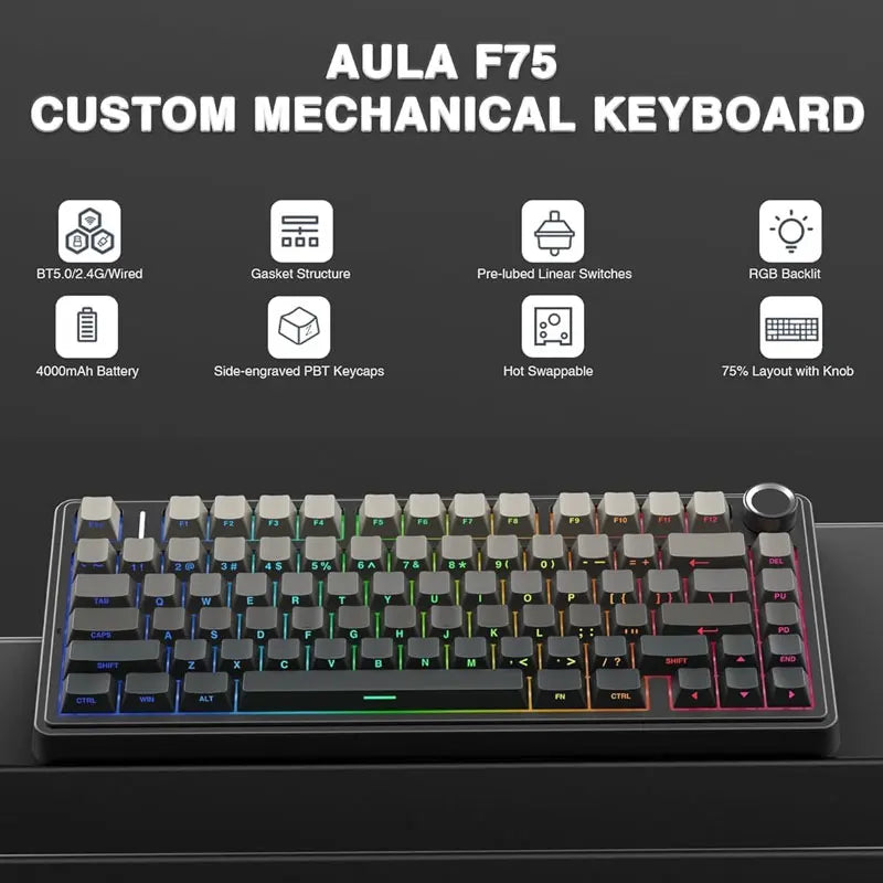 AULA F75 Gaming Mechanical Keyboard RGB Customized 75% Layout Side-engraving Gasket Mounted 80keys PBT Gradient Keycaps Keyboard
