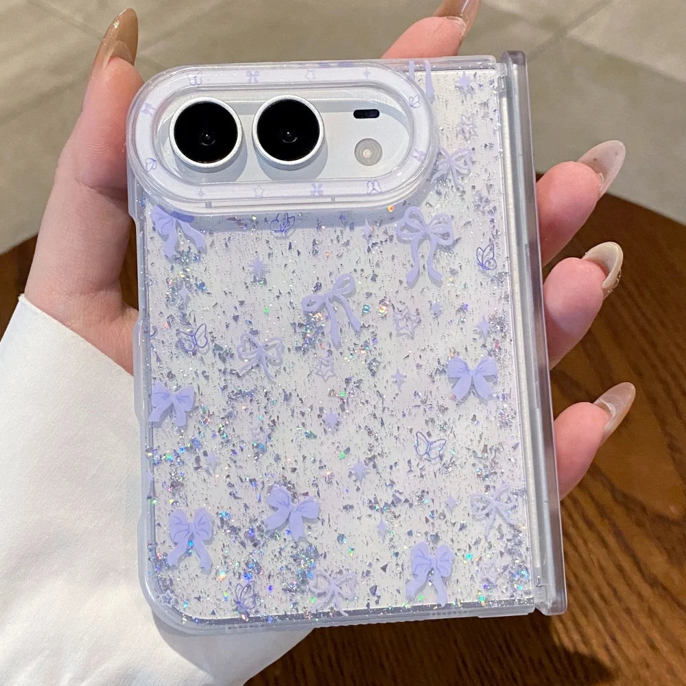 Luxury Glitter Sequins Transparent Bows Phone Case For iPhone Duo Clear Hinge Protection Soft Silicone Shockproof Bumper Cover