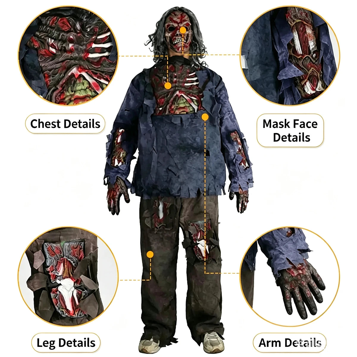 Kids & Adults Zombie Cosplay Costume, Scary Horror Bloody Skeleton  Outfit with Mask Gloves, Halloween Carnival Fancy Dress