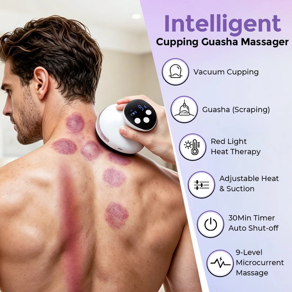 Electric Cupping Gua Sha Massager, 9-Level Suction Lymphatic Drainage Device, Red Light Heat Body Scraper Back Neck Shoulder