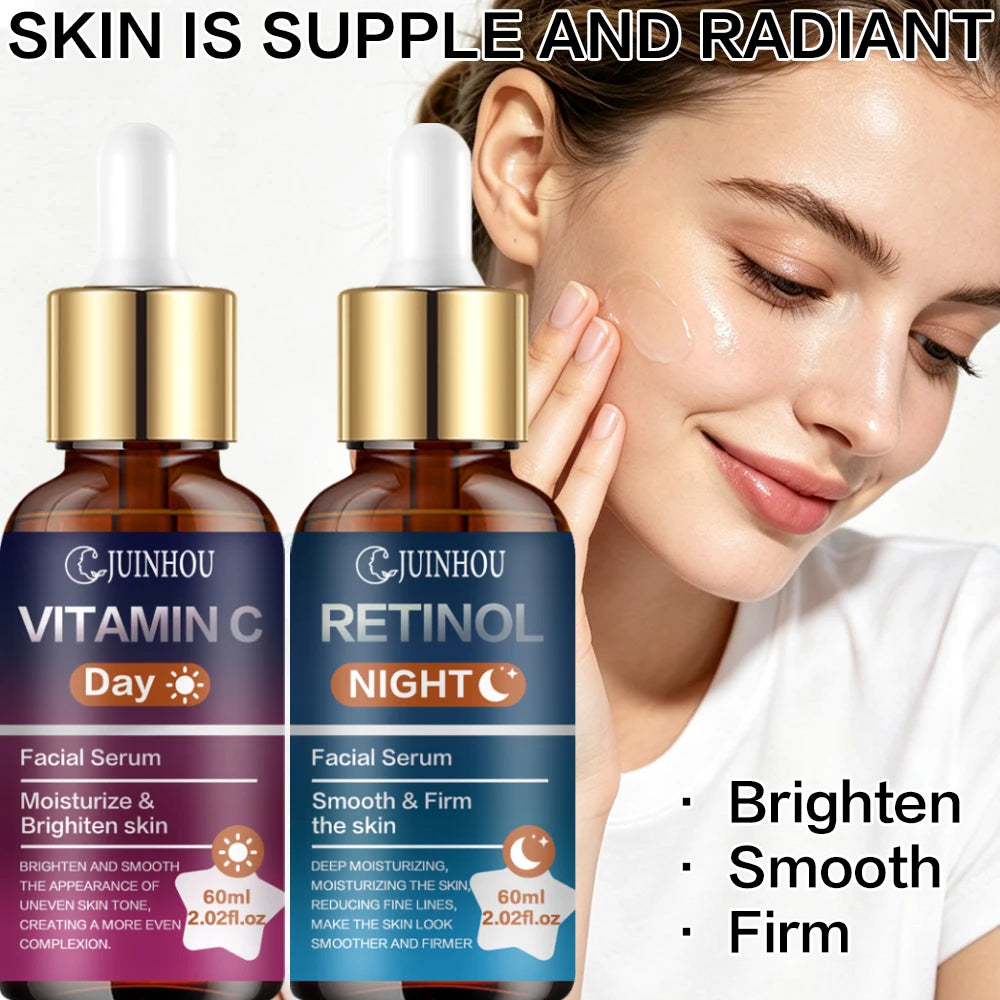 JUINHOU 2Pcs Day & Night Face Serum Set Vitamin C Retinol Hydrating Glowing Skin Make Skin Smoother And Firmer Daily Facial Care