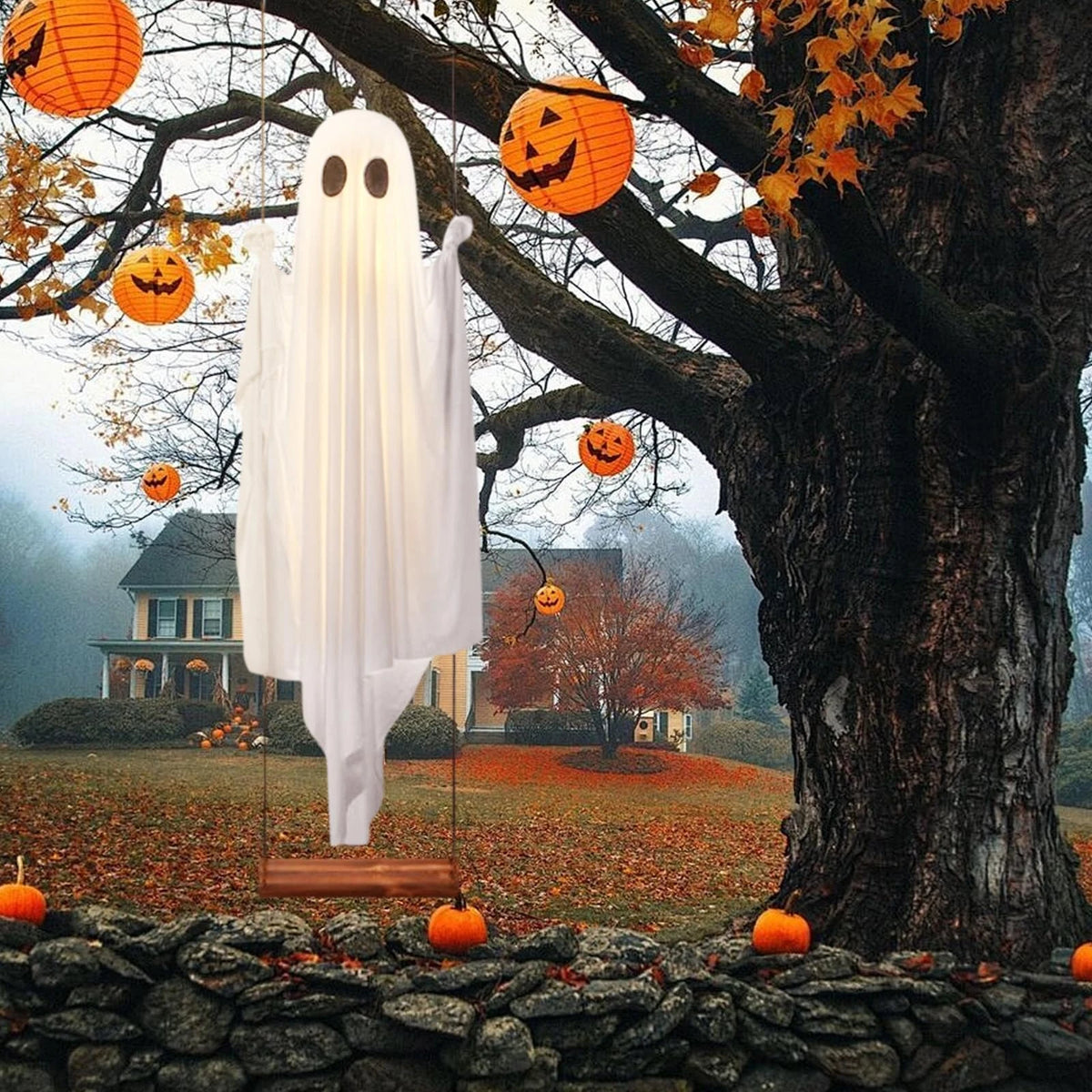 Hanging Swing Ghost Halloween Decoration Cute White Ghost with String Light Spooky Ghost Ornament for Porch Yard Trees
