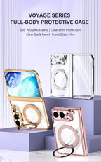 For iPhone Duo Transparent Magnetic Case For MagSafe 360° Rotating Bracket Hinge Protection Cover With Tempered Glass Film