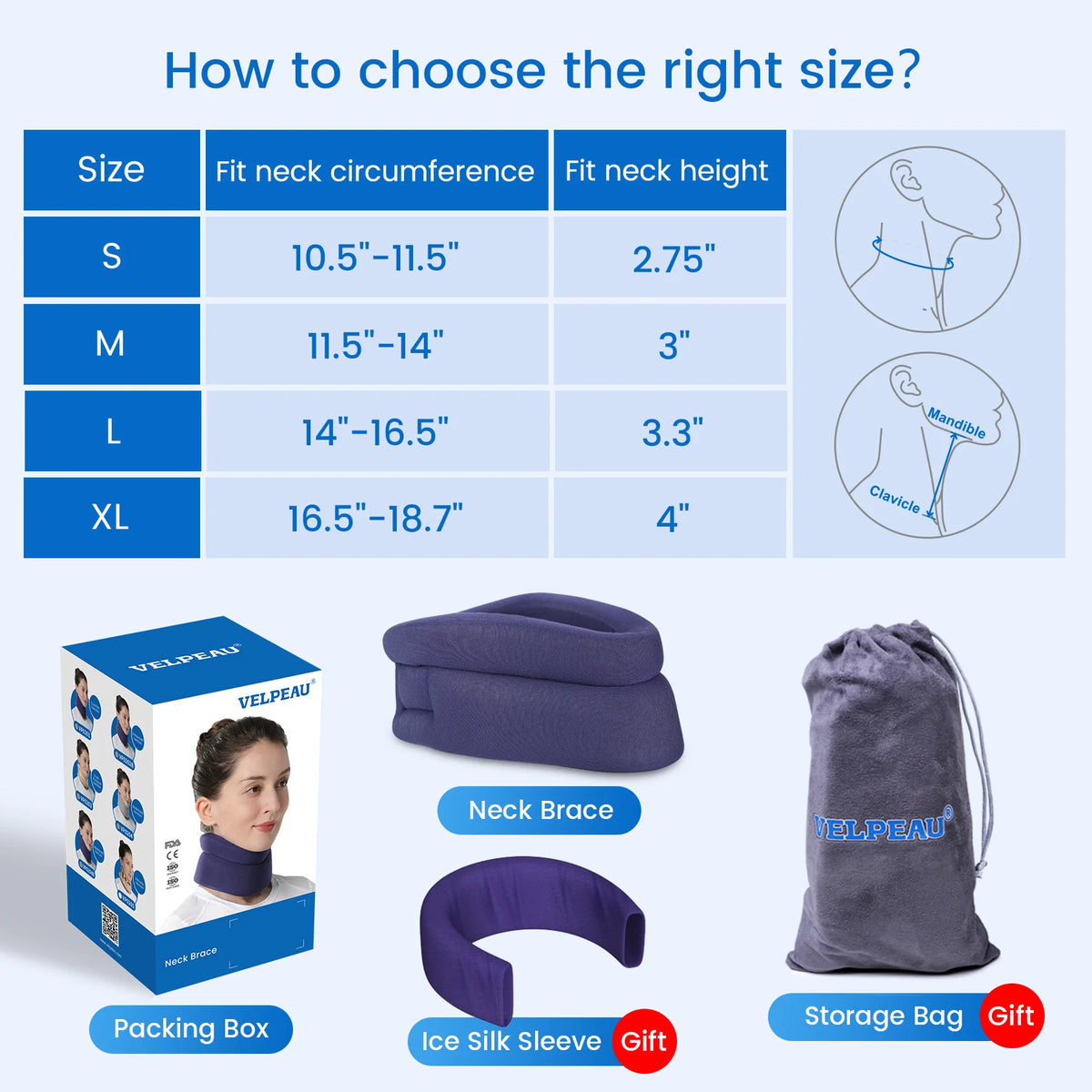 VELPEAU Foam Neck Support Brace for Neck Pain and Posture Correction, Adjustable Cervical Collar with Replaceable Sleeve