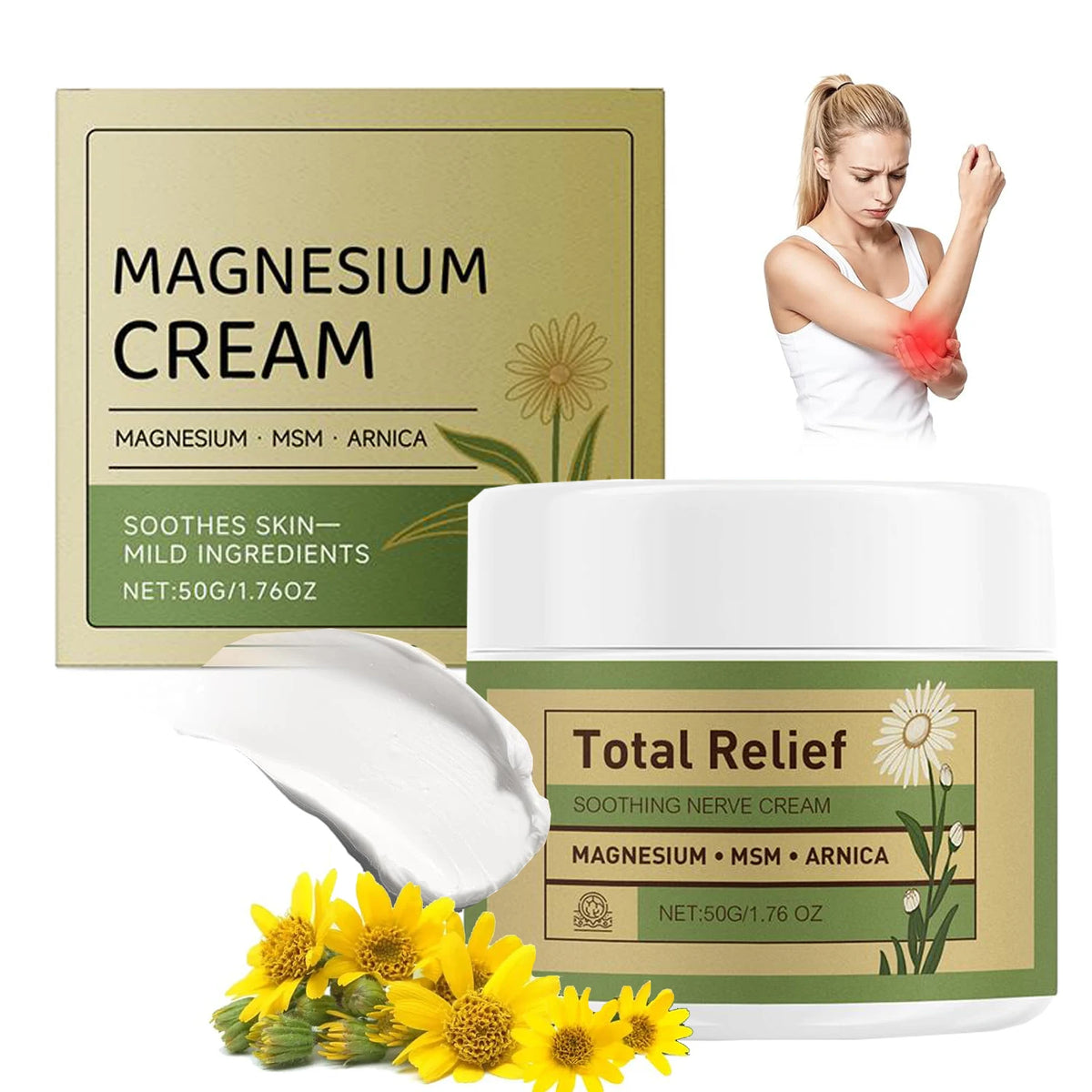 New Total Relief Soothe Magnesium Soothing Body Cream Non-Greasy Knees Muscles External Massage Care MSM  Arnica Mild Daily Care