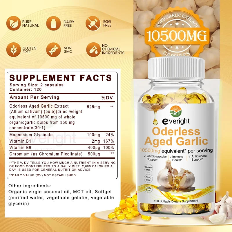 Aged Garlic Extract Capsules Odorless with Magnesium, Chromium, B1 & B9, Support Immune, Heart, Cardiovascular Health Supplement