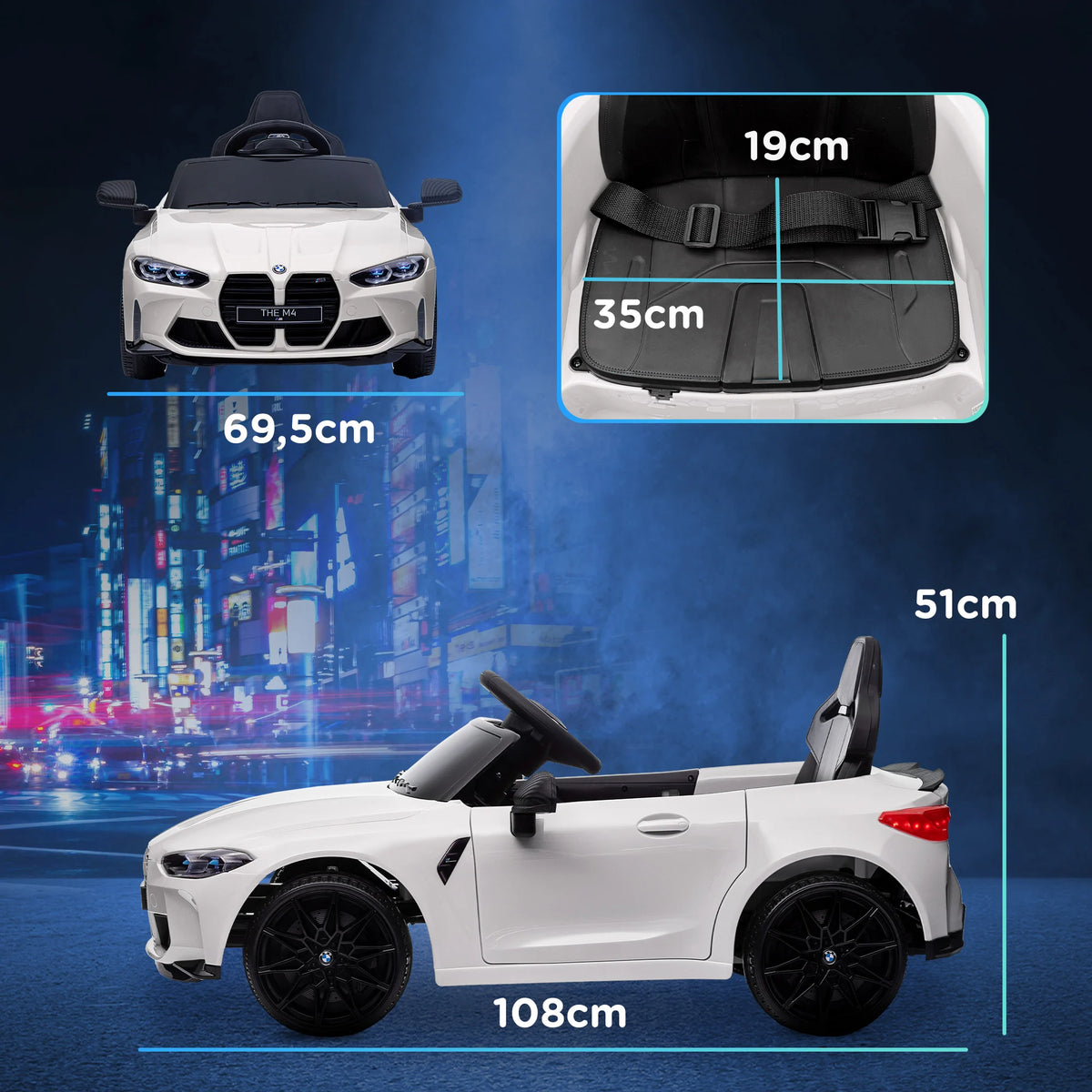 Battery Car for Children 12V Bmw M4 with Headlights Horn Music Speed 3-5 Km/H White