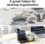 Black Mesh Office Caddy – Desk Organizer with Pencil Holder & Storage Baskets, 3 Compartments for Desktop Accessories