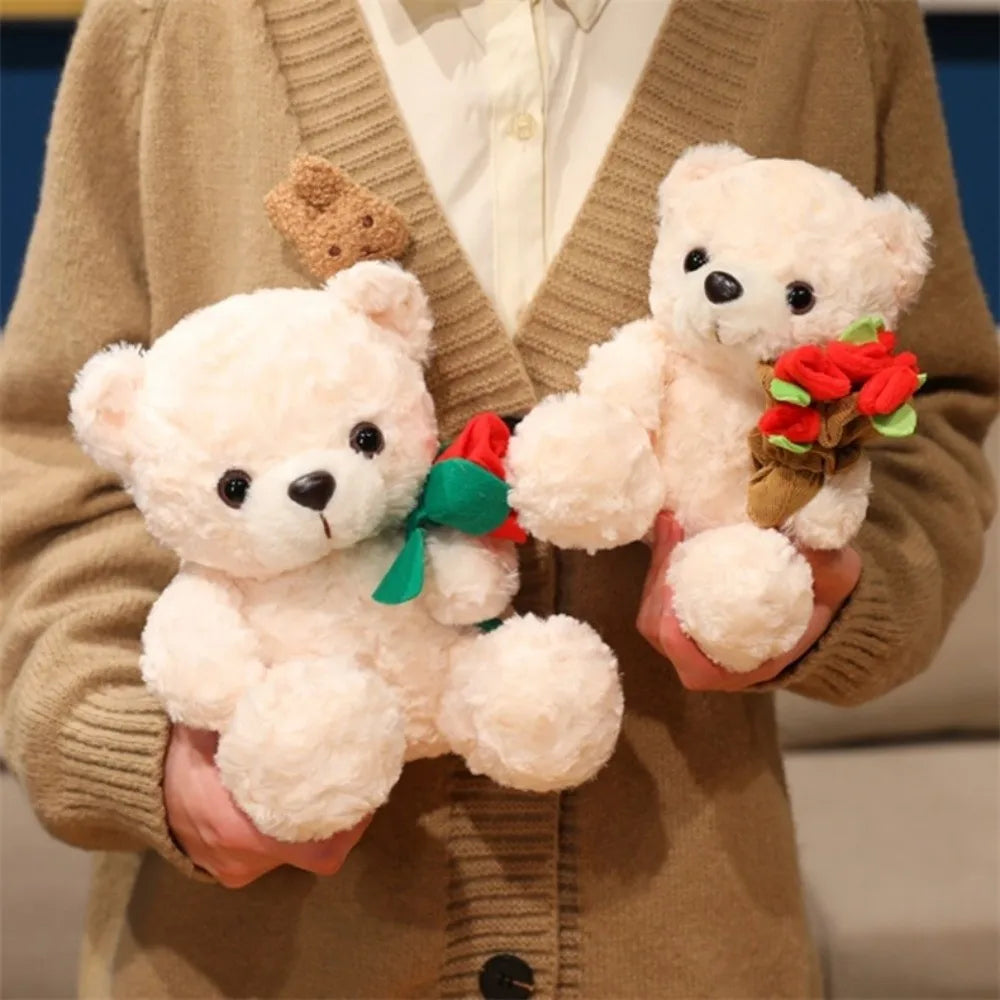Lovely 16/25CM Bear Plush Toy Romantic Red Heart Rose Bear Doll Cute Soft Holding Flowers Bear Doll Home Decoration
