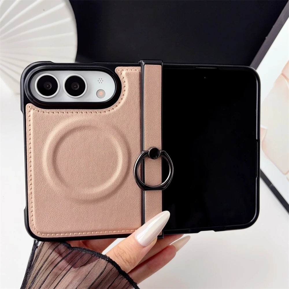 Vegan Leather Magnetic Ring Phone Case For iPhone Duo Shockproof Matte For Magsafe Wireless Charging Shockproof Back Cover