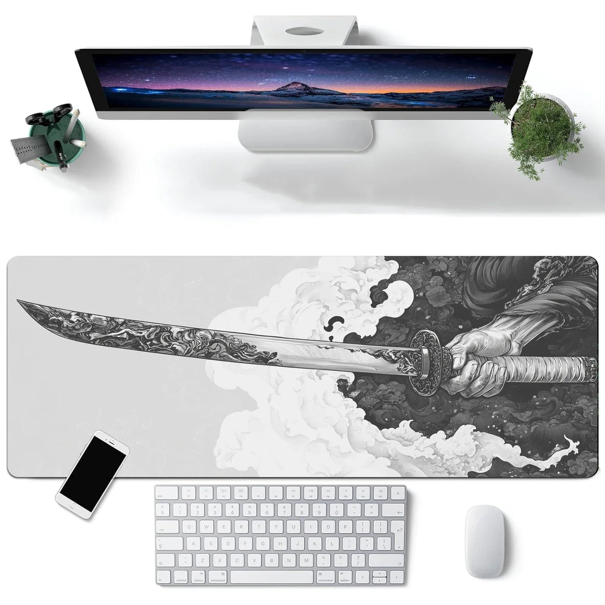 Black And White Comic Wind Sword Model Keyboard Mouse Pad Desk Mat Gaming Mouse Pad Non Slip Rubber Base Stitched Edges