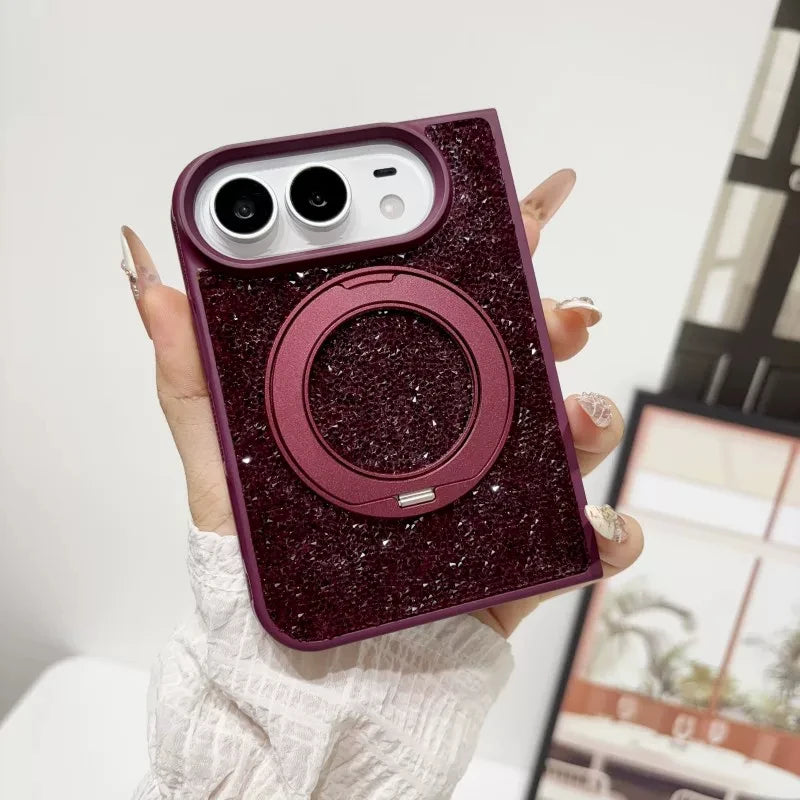 For iPhone Duo New Luxury Shell Flash Diamond 360° Rotating stand Phone Case For Magsafe Magnetic Wireless Charging Girl Cover