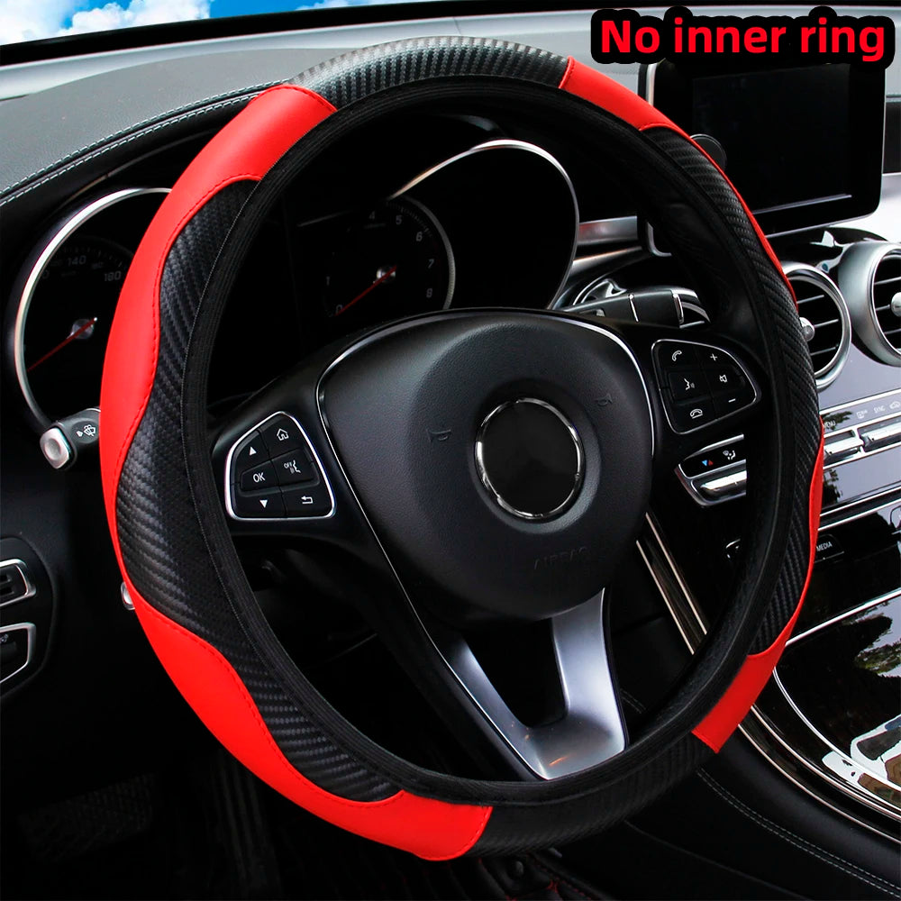 Universal Fit PU Carbon Fiber Leather Car Steering Wheel Cover 14.5-15 Inch No Inner Ring Required Vehicle Decoration Accessory