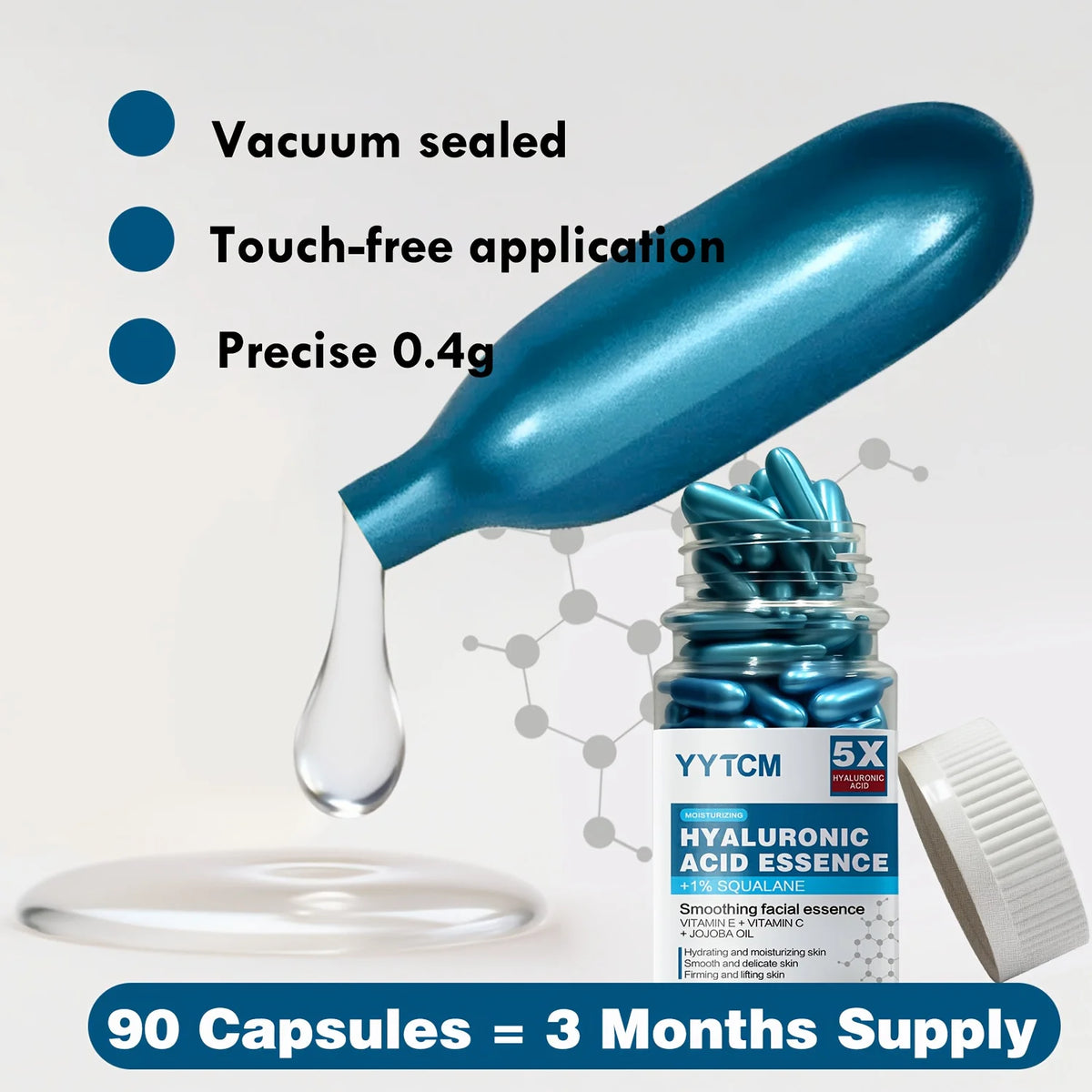 Hyaluronic Acid Deep Moisturizing Capsule Essence, Hydrates and Smoothes the Skin, Contains Plant-Derived Squalane, Vitamin E, Vi