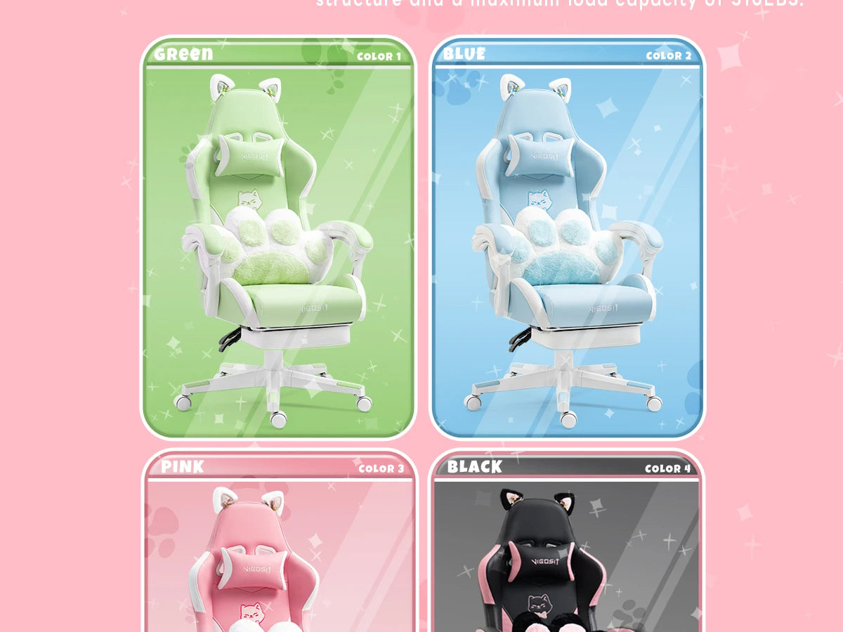 Vigosit Gaming Chair Cute Ears and Kawaii Pillow Ergonomic Computer Game Chair for Girls with Lumbar Support