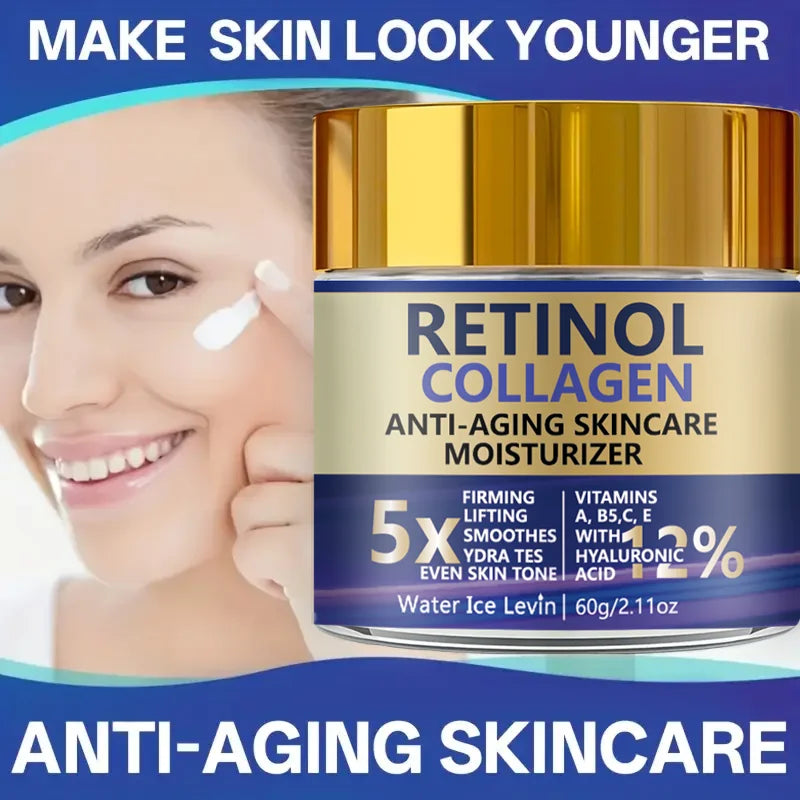 Retinol Collagen Hyaluronic Acid. Anti-Aging Moisturizer 5X Firming Lift. Even Skin Tone. Vitamins A B5 C E Panthenol. 60g