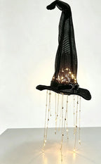 Lighted Witch Hat Hanging Chime, Halloween Outdoor Ornament, Glowing Mesh Cascading Stars, Black Frame Decoration, Party Decor