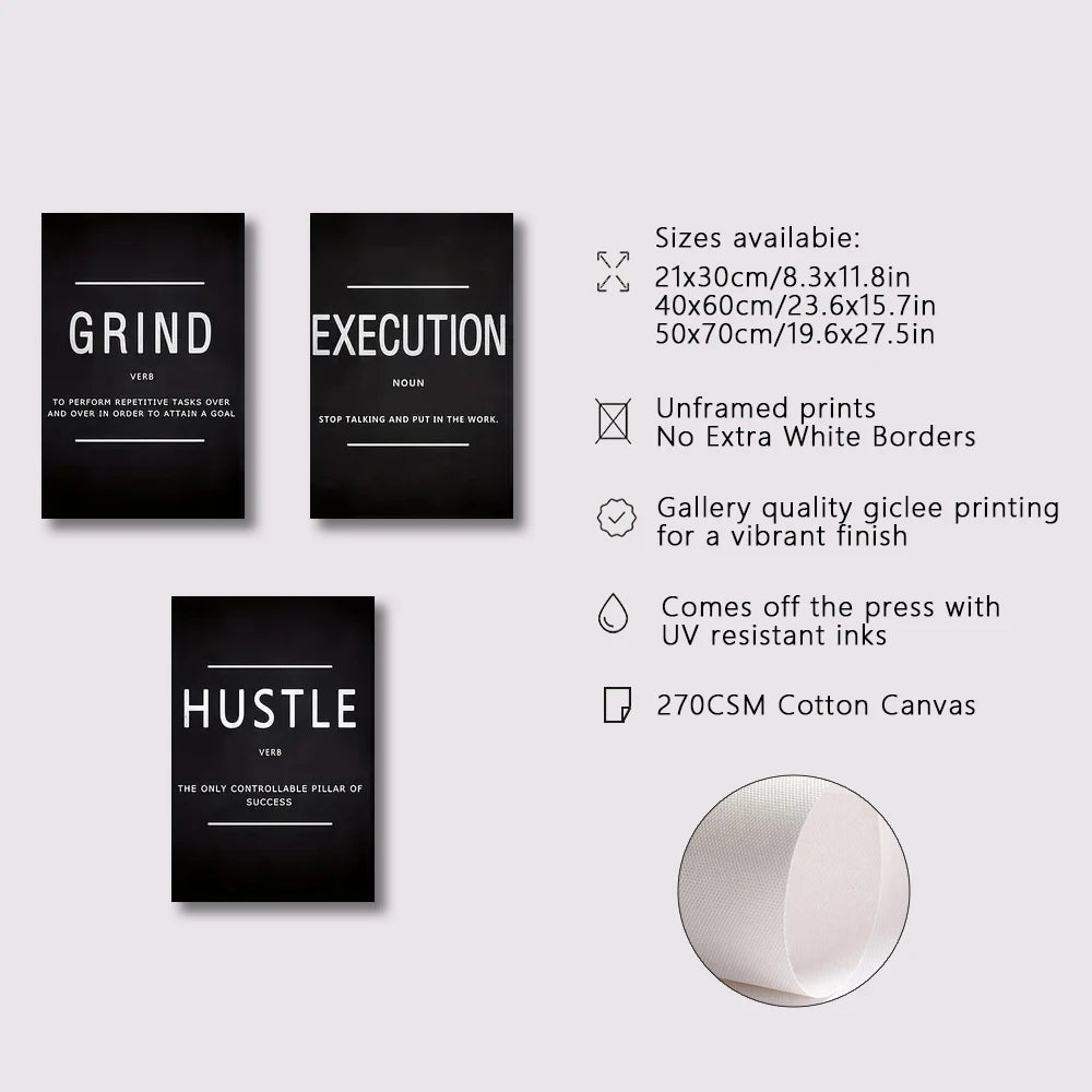 3pcs/Set Canvas Posters Grind Hustle Execution Motivational Wall Art Poster Home Living Room Bedroom Office Wall Art Decor