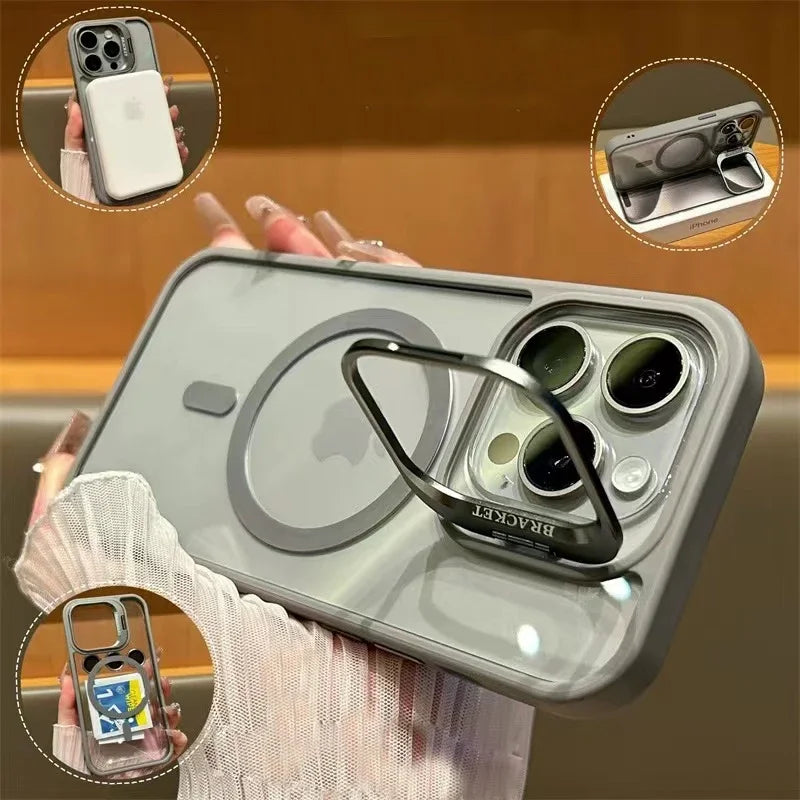 Luxury Magnetic Shockproof Phone Case For iPhone 16 15 14 13 12 17 18 Pro Max For Magsafe Funda Stand Glass Lens Protector Cover
