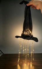 Lighted Witch Hat Hanging Chime, Halloween Outdoor Ornament, Glowing Mesh Cascading Stars, Black Frame Decoration, Party Decor