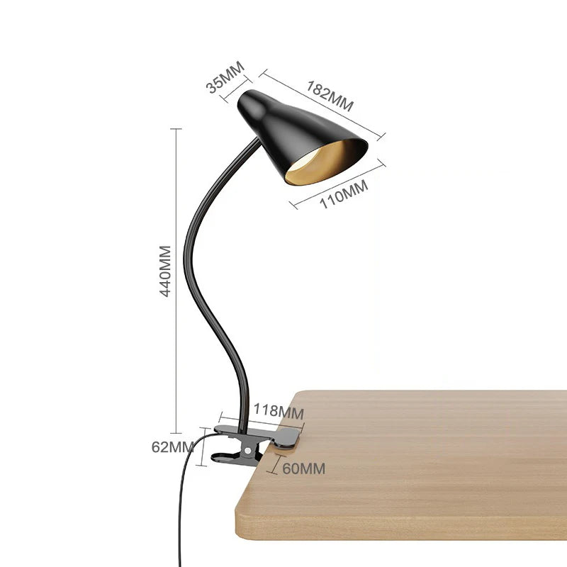LED Desk Lamp Plug-In Knob Switch Five Level Dimming Desktop Reading Lamps Bedroom Dormitory  Clip Type Iron Bedside Desk Light