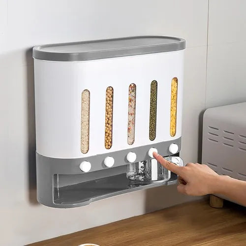 Wall-Mounted Dry Food Storage Dispenser 9Kg Capacity Airtight Cereal & Grain Organizer with Removable Compartments