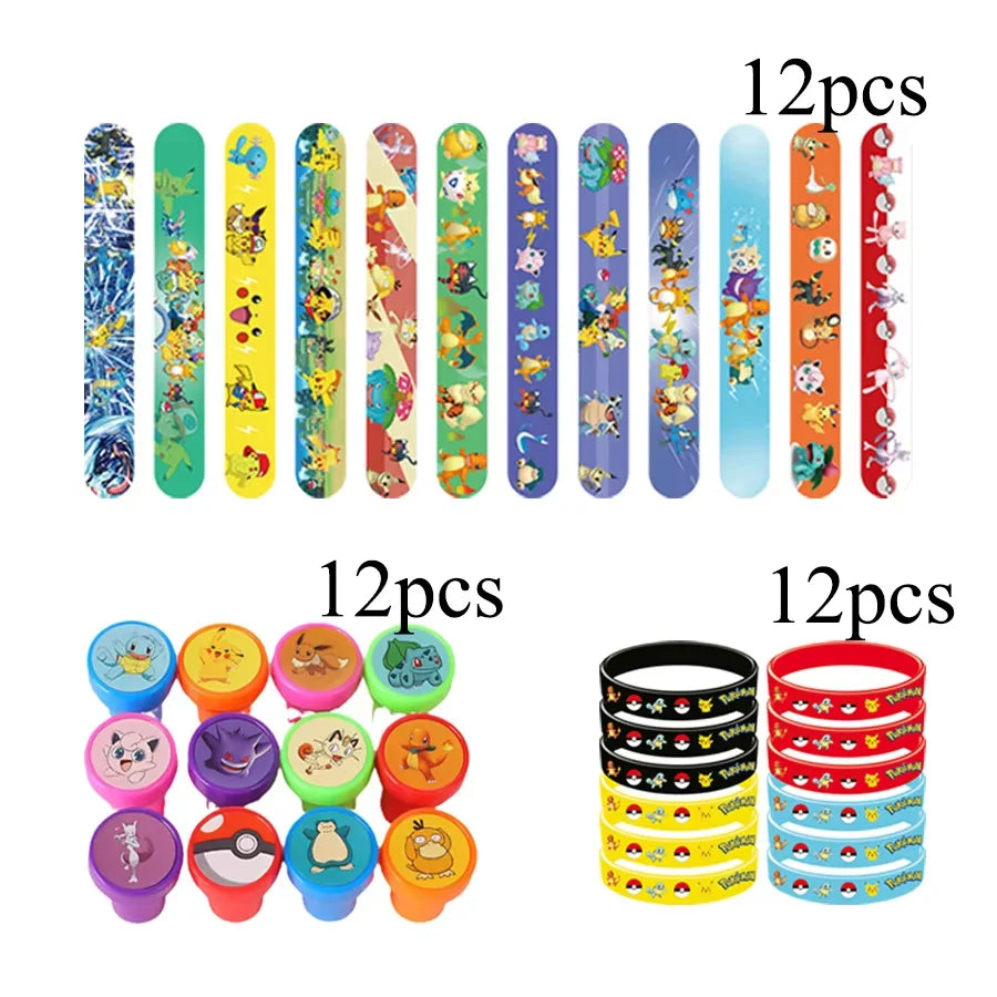 PokeMoned Theme Party Favors Slap Bracelets Stickers Keychain Party Gifts Goodie Bag Stuffers Fillers Birthday Party Decorations