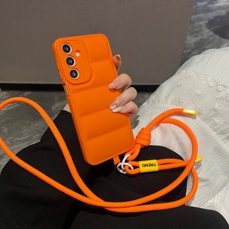 Fashion Down Jacket Lanyard Crossbody Case For Samsung Galaxy A56 A36 A26 A16 A55 A35 A54 A53 A52 A34 A33 Long Strap Soft Cover