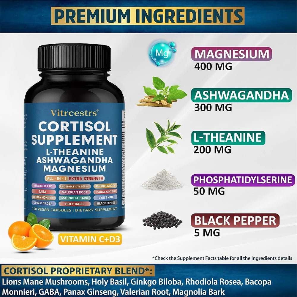 Cortisol Support Supplement - Magnesium, Supports Stress Relief, Calm Mood, Relaxation, Restful Sleep, Focus & Adrenal Health