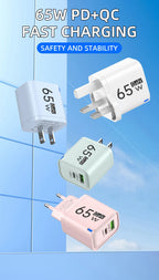 65W 2 In 1 USB Type C Fast Charging Charger PD High Speed Charge For iPhone Xiaomi Huawei Samsung Oneplus Mobile Phone Adapter