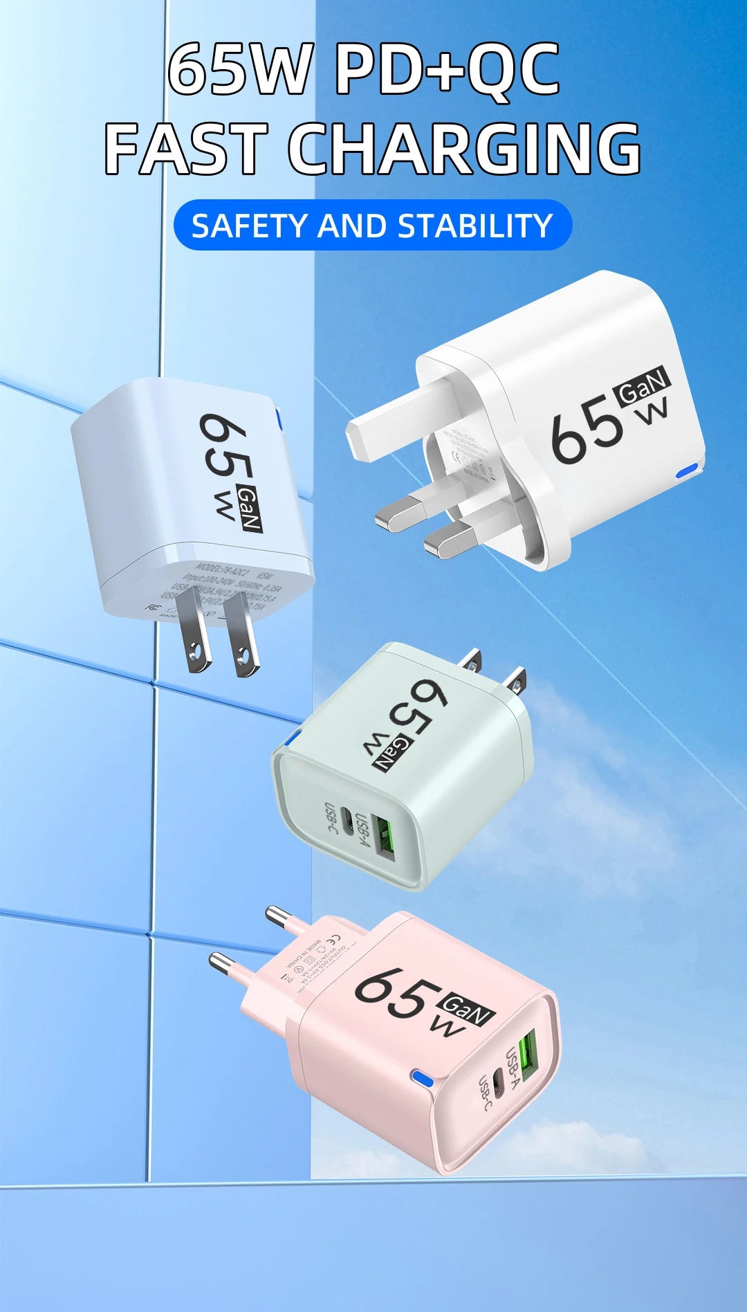 65W 2 In 1 USB Type C Fast Charging Charger PD High Speed Charge For iPhone Xiaomi Huawei Samsung Oneplus Mobile Phone Adapter